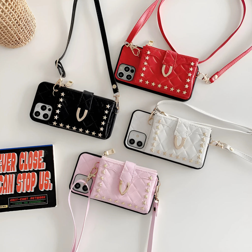 Flip messenger card wallet phone case in imitation leather for iPhone, shown in red, white, pink, and black