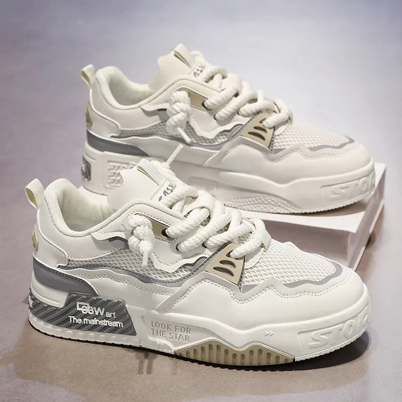 Men's low top white board shoes with colour matching detail and soft rubber sole