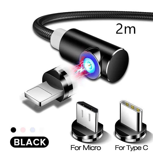 Black magnetic USB charging cable with aluminium connectors for Micro USB, Type C, and Lightning phones.