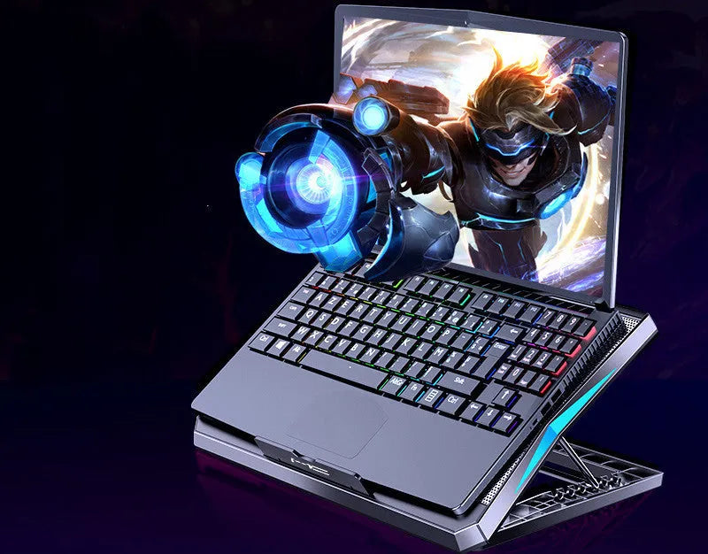 Black foldable laptop cooling base with metal mesh surface and six fans on a desk