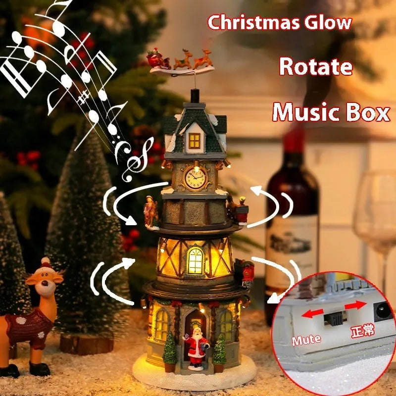 Christmas resin luminous rotating music box decoration, 32cm high bell tower ornament with music and battery base