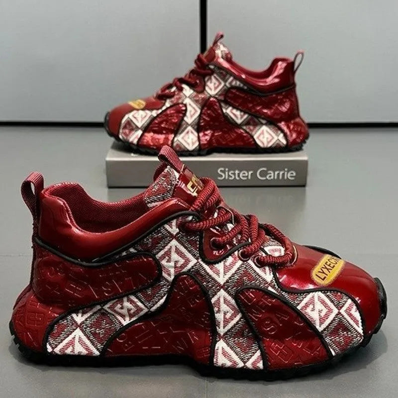 Men's platform trainers with embroidered stitching, thick rubber sole, mid heel, front lace-up, in scarlet black or creamy-white
