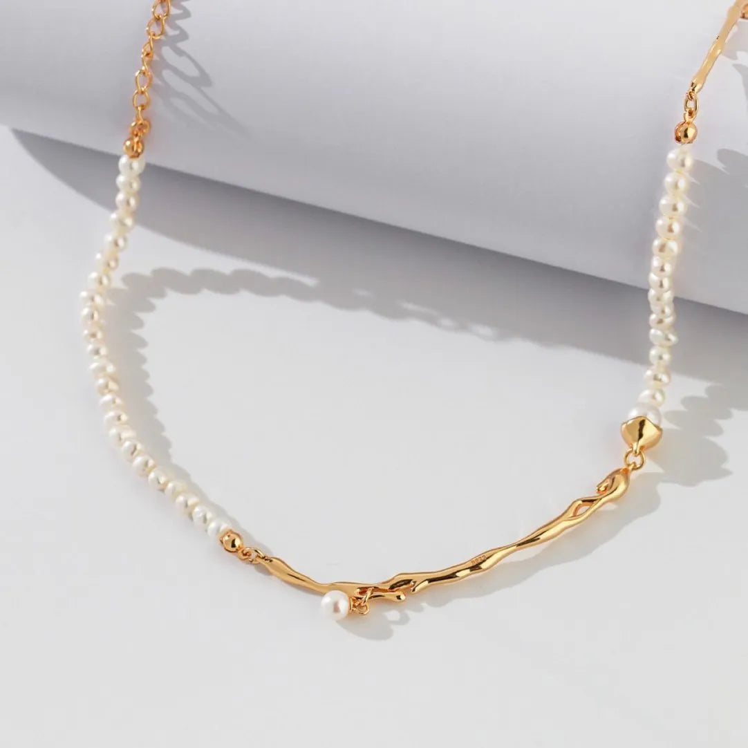 Stitching niche pearl necklace with copper pendant, O-ring chain, 71-80cm length, in silver or gold