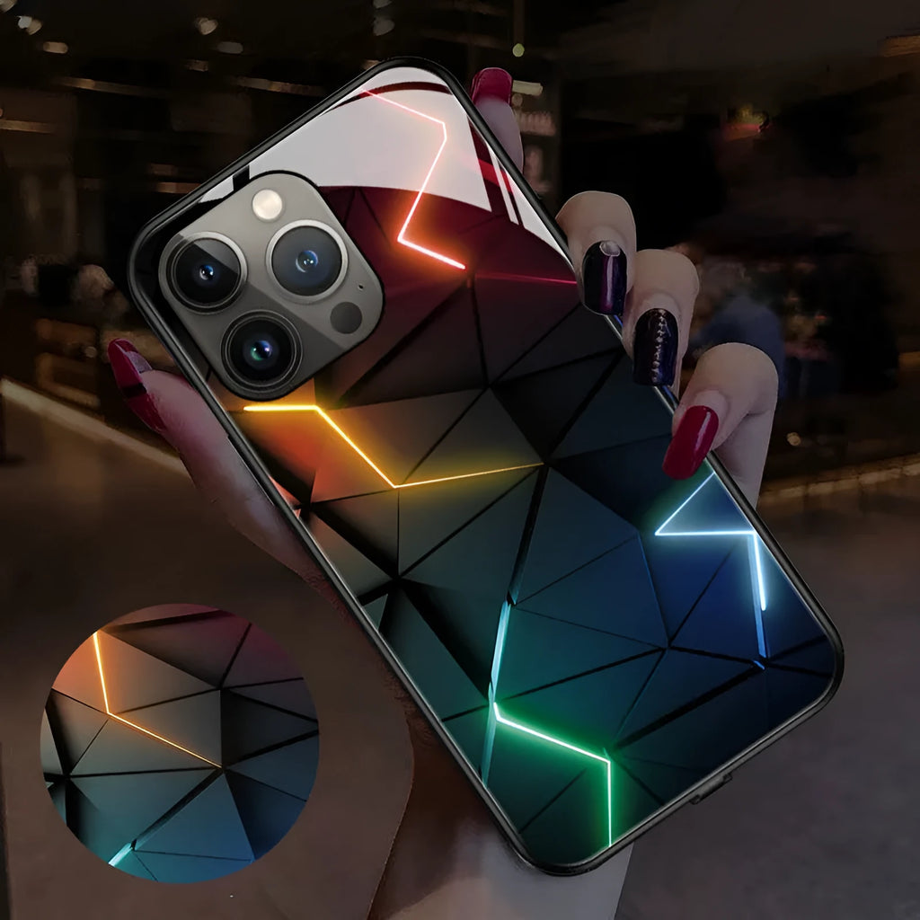 Luminous protective iPhone case with TPU and tempered glass construction showing Technology Bear design