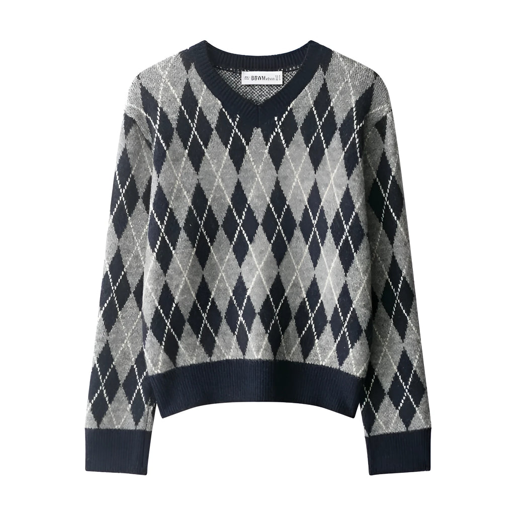 Women's knit sweater with contrast stripe pattern, long sleeves, regular fit, in picture colour