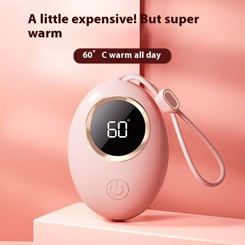 USB rechargeable hand warmer with digital display in multiple colour options.