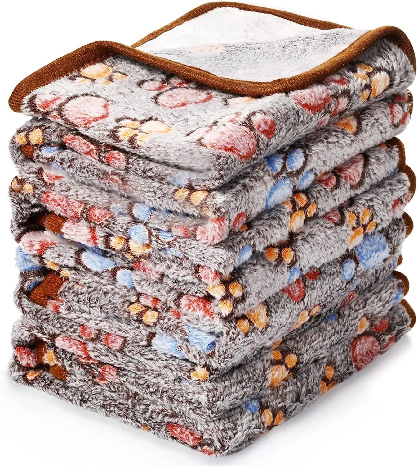 Coral fleece pet blanket with dog paw print design in multiple size options