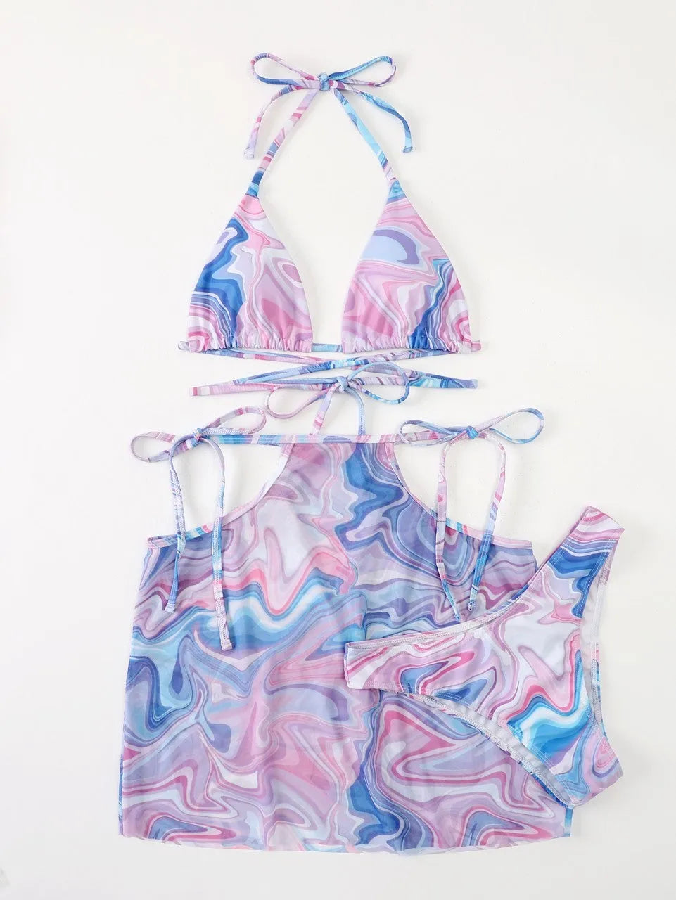 Lavender three-piece bikini set with beach skirt for women, shown in sizes S M L