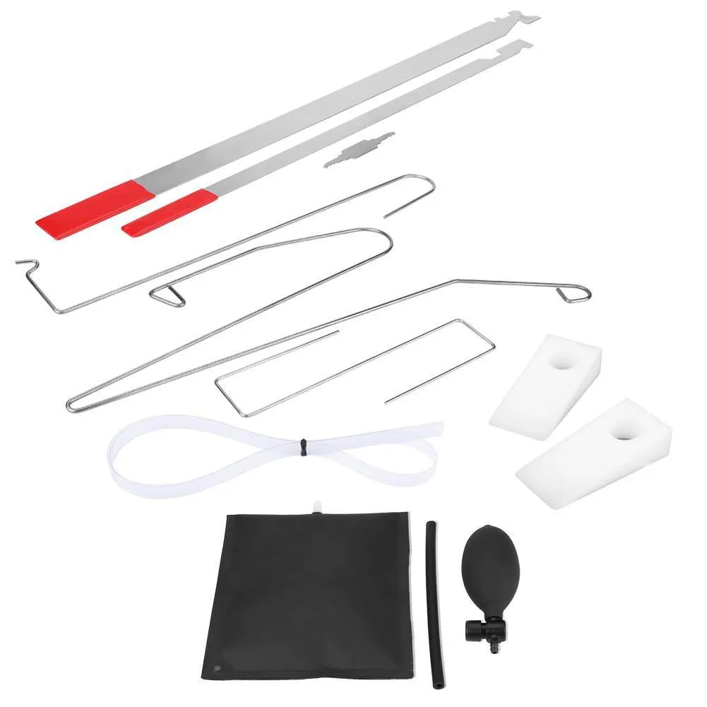 9-piece automotive maintenance tool set with air pump wedge, plastic wedges, hooks, and crowbars for vehicle emergency access