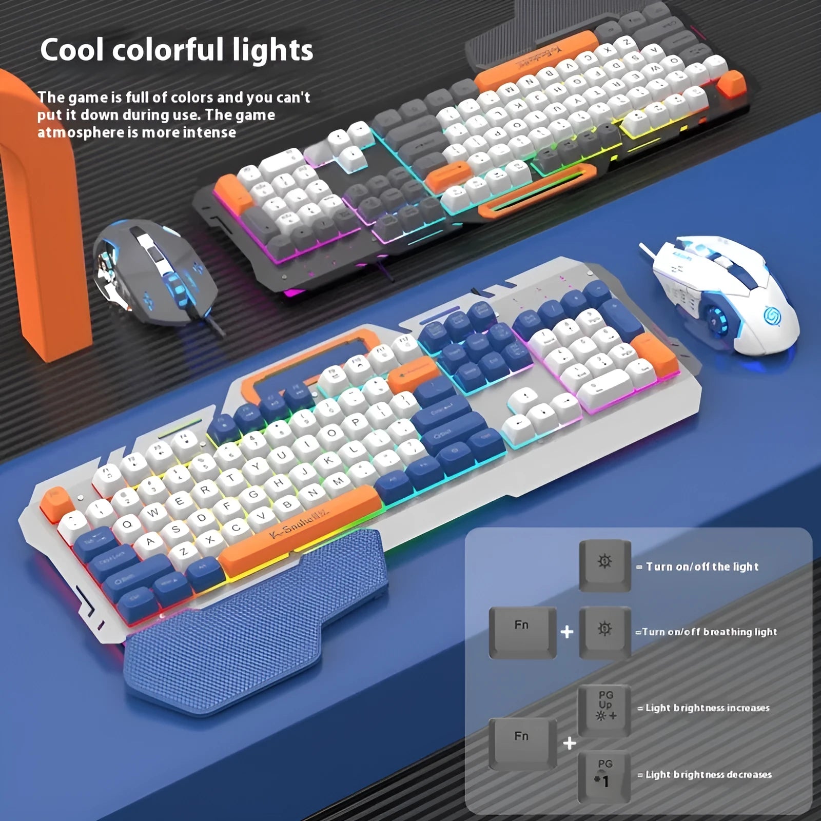 Blue wired gaming keyboard and mouse combo with RGB backlighting on desk