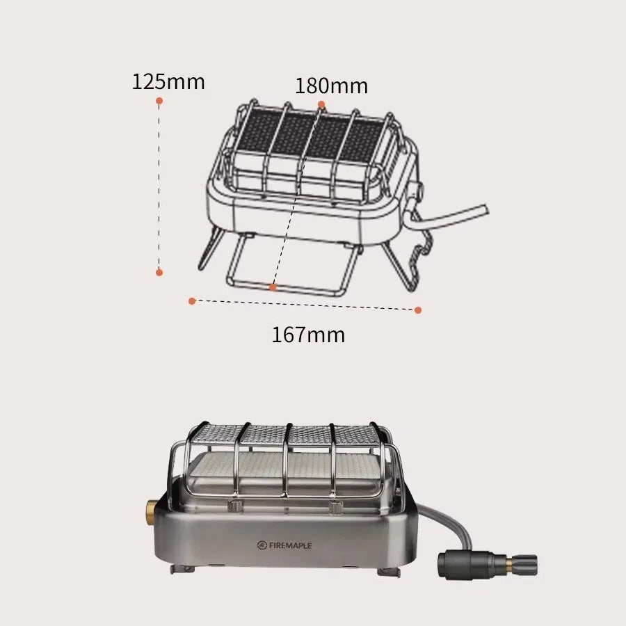 Portable stainless steel electric heating stove with ceramic elements, shown with dimensions.