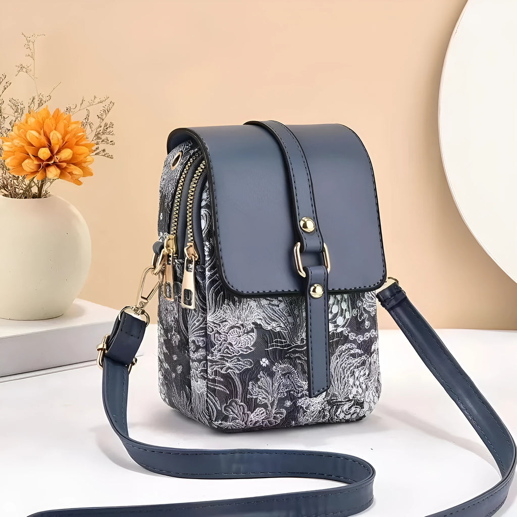 Women's multi-compartment PU bucket shoulder bag in black, size 13x8x19cm