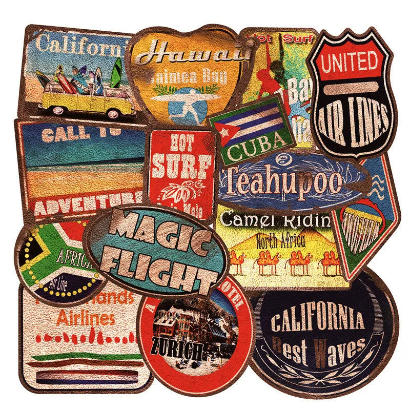 36 piece set of large retro beach stickers with surfing and travel designs in 6-10cm sizes