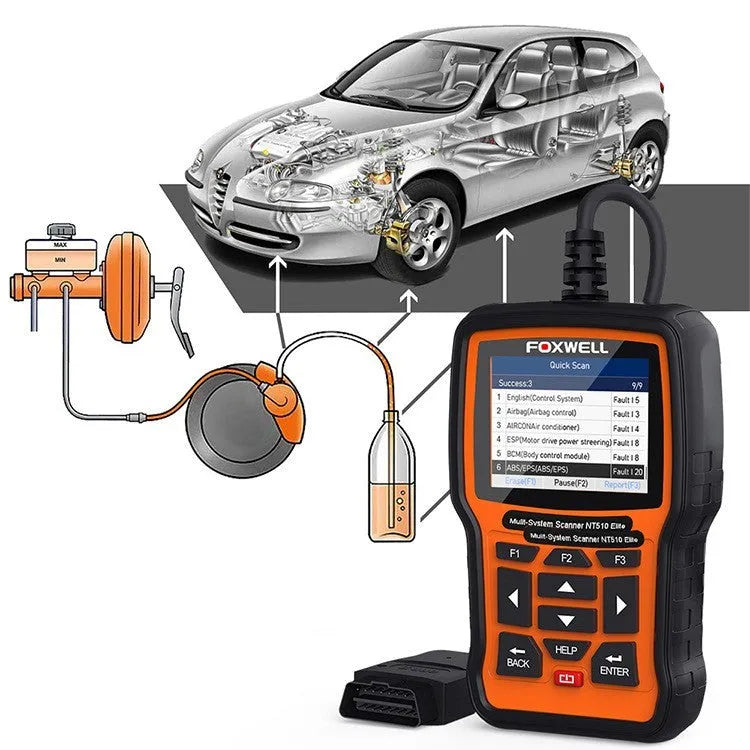Foxwell NT510 orange and black automotive OBD2 diagnostic scanner with data cable.