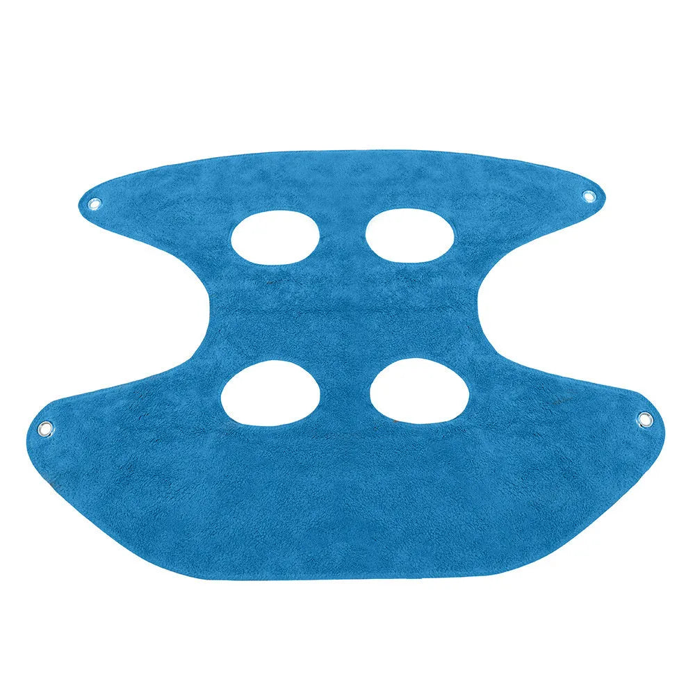 Pet grooming hammock in blue double-layer flannel fabric with reinforced grommets on a white background, available in three sizes