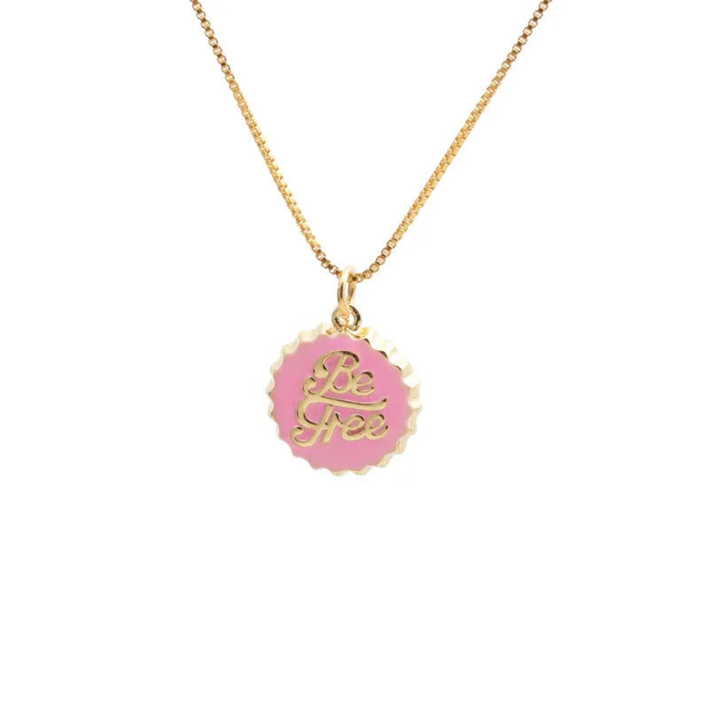 Copper bottle cap pendant necklace with a box chain in a choice of six electroplated colours.