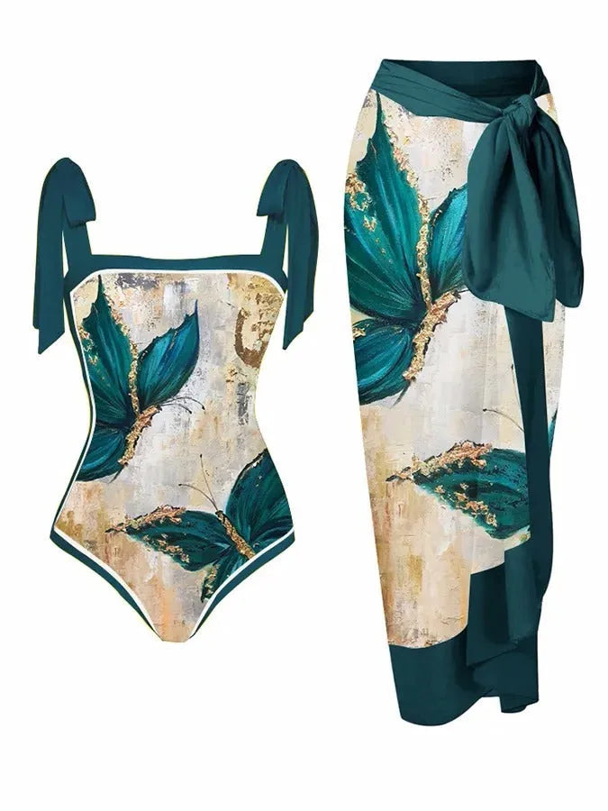 Women's printed polyester two-piece swimsuit with chiffon hip skirt in multiple colour options