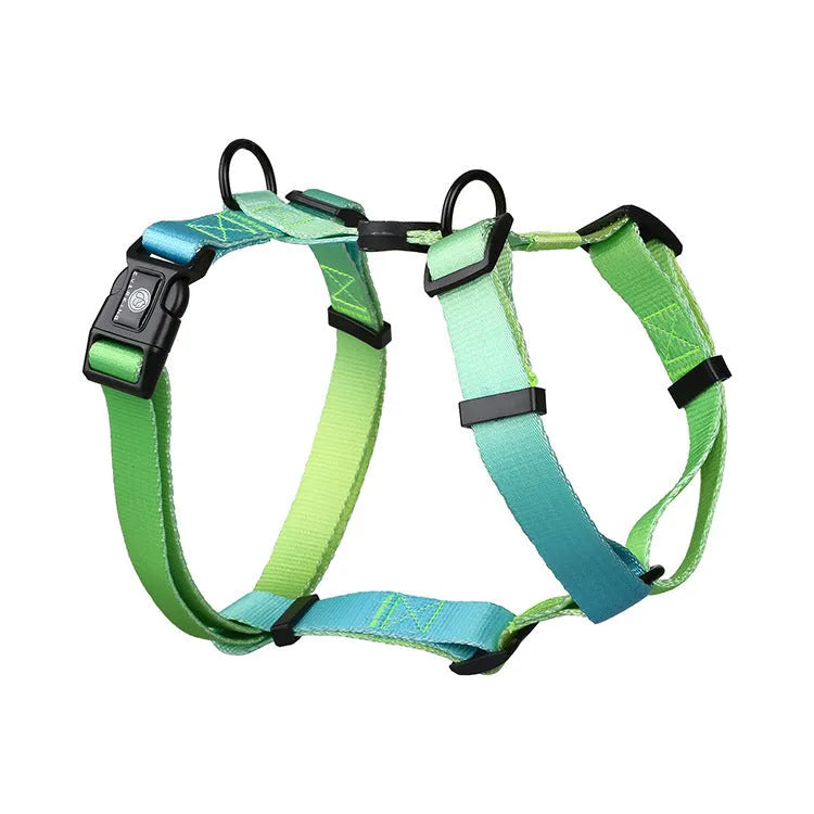 Adjustable polyester dog harness with gradient colour chest strap in scenic design