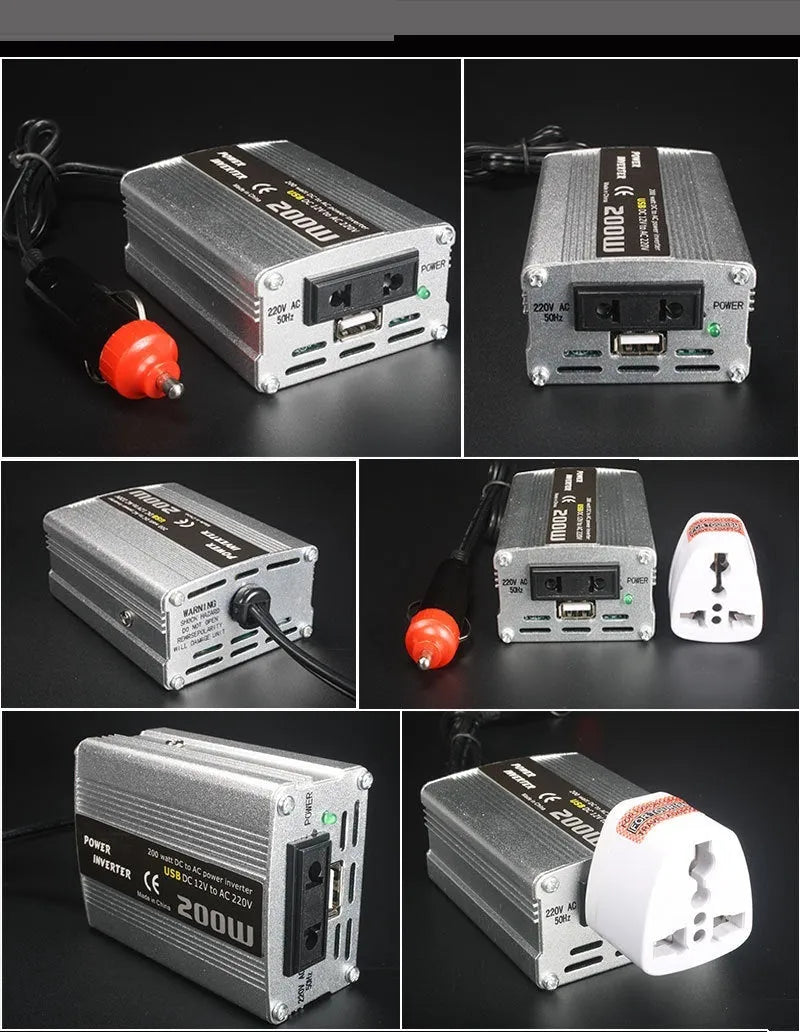 200W car inverter 12V to 110V or 220V, die-cast aluminium, 87x64x38mm, sine wave, USB port
