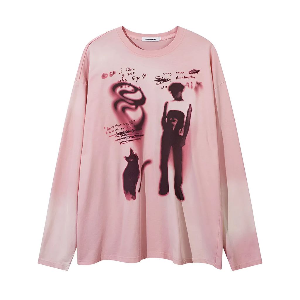 Women's loose cotton pullover top with drop shoulder sleeves in dark grey or pink colours