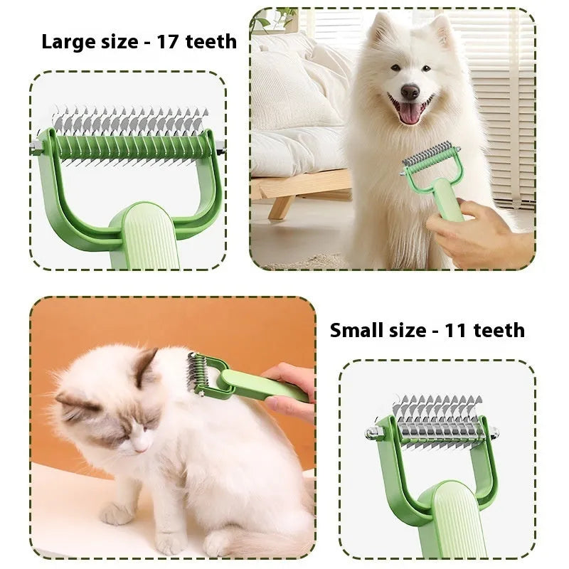 Green and grey pet detangling combs for dogs with stainless steel rotating teeth on a PP plastic handle.