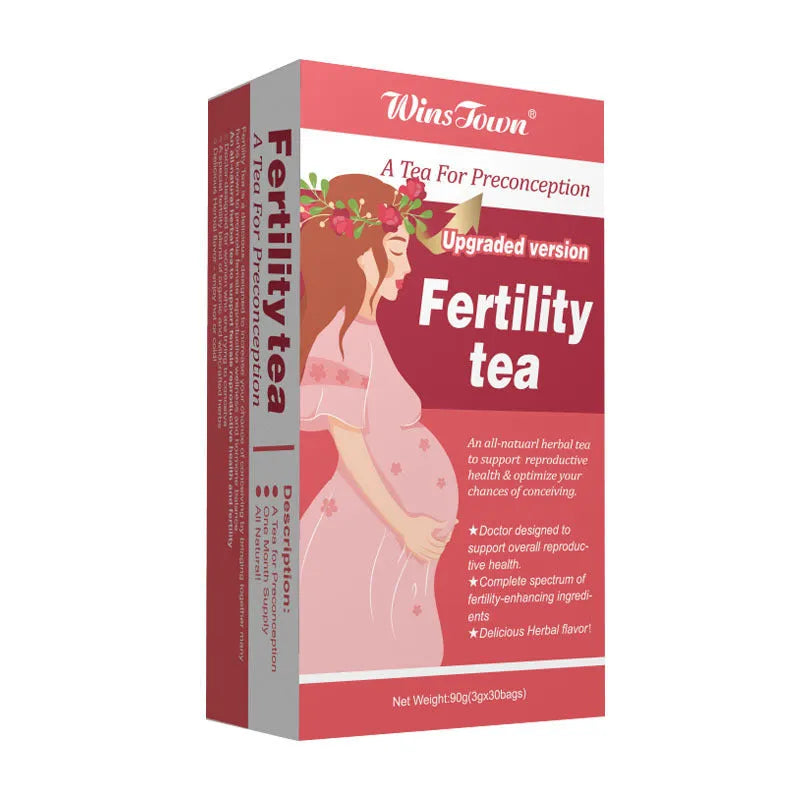 Box of fertility tea containing 90 individual tea bags organised into three units of 30 bags each