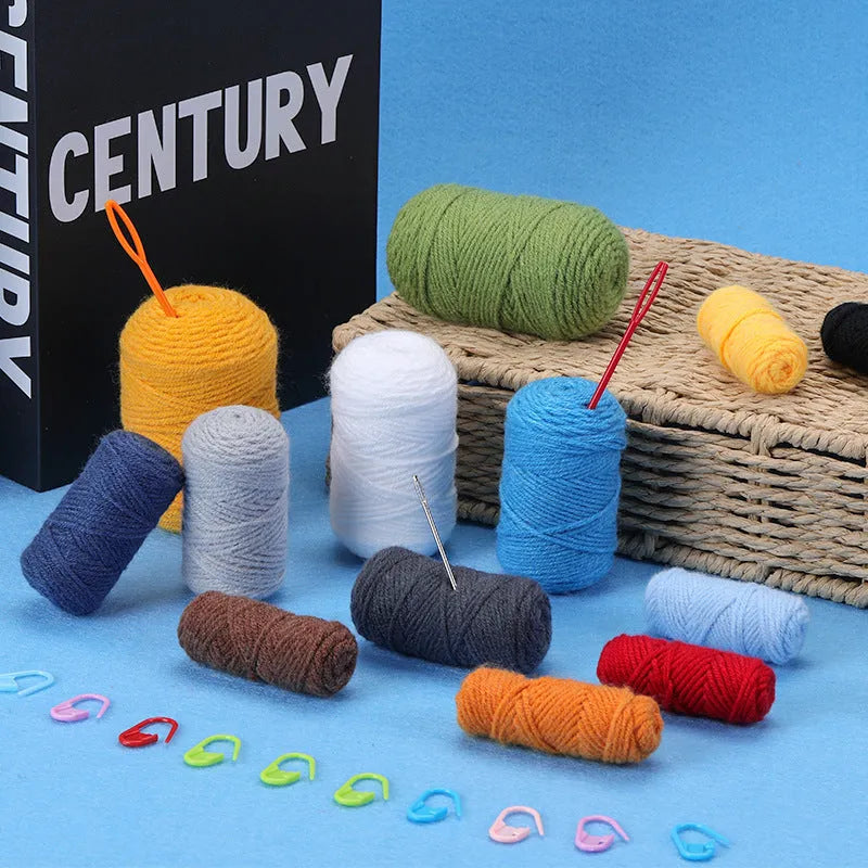 White yarn ball and blueyellow coaster crocheted material package with wool blend yarn