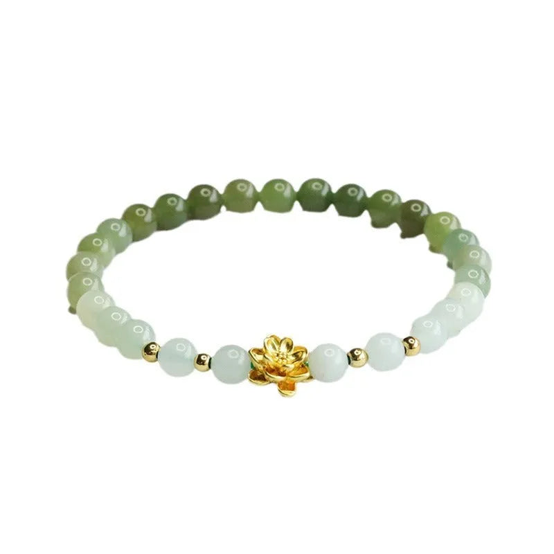 Hetian jade bracelet with water gradient colour and floral beads in ancient national style