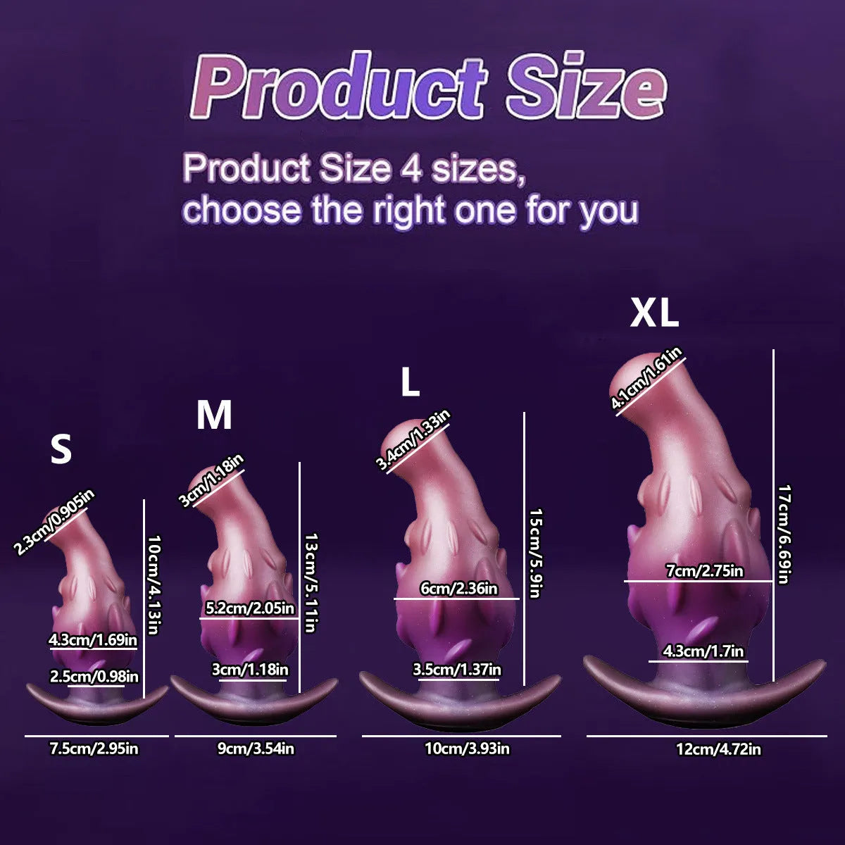 Adult unisex silicone masturbator in purple, gold, or black, available in S, M, L, XL sizes.