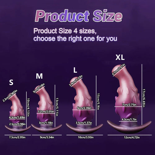 Adult unisex silicone masturbator in purple, gold, or black, available in S, M, L, XL sizes.