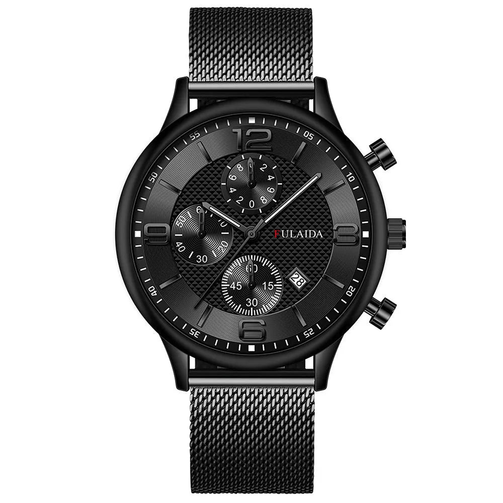 Men's quartz watch with 40mm circular dial, alloy strap, titanium metal buckle, and pointer display.