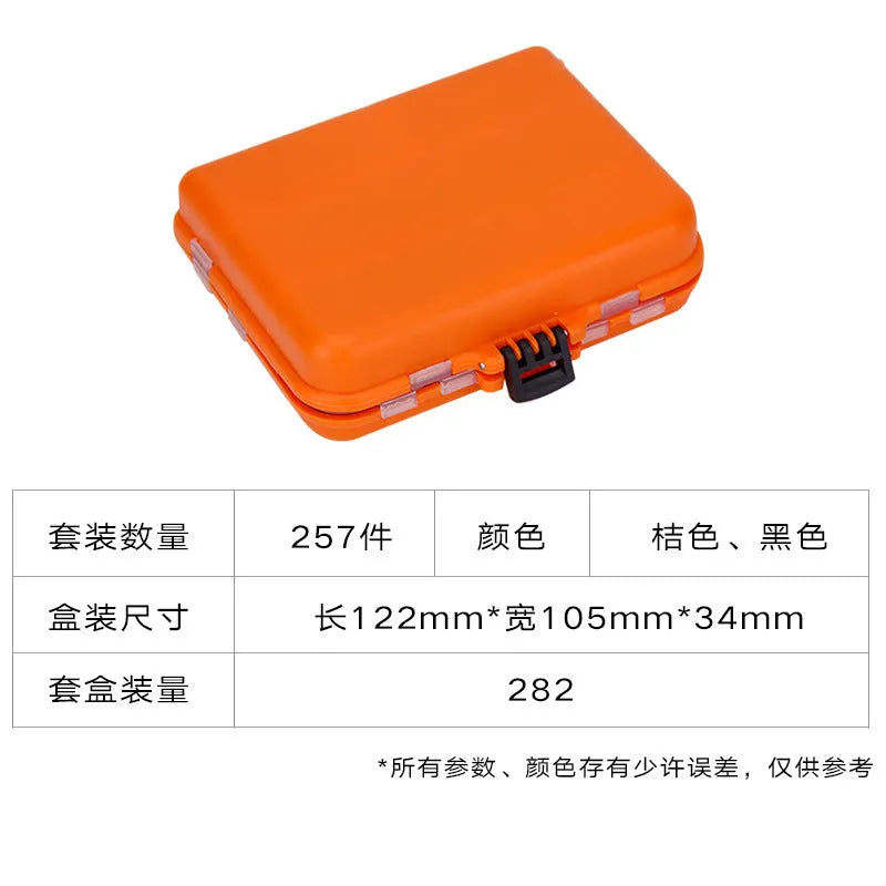 Weihe orange or black ABS plastic box open to show organised compartments filled with 257 fishing hooks and lure accessories.