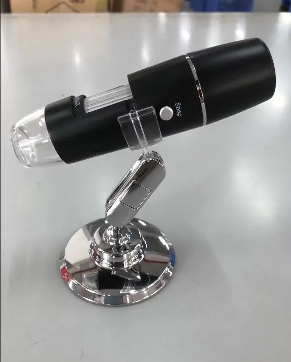 Black microscope magnifier camera phone bracket with 8 LED lights and 1.5m cable on a laboratory bench