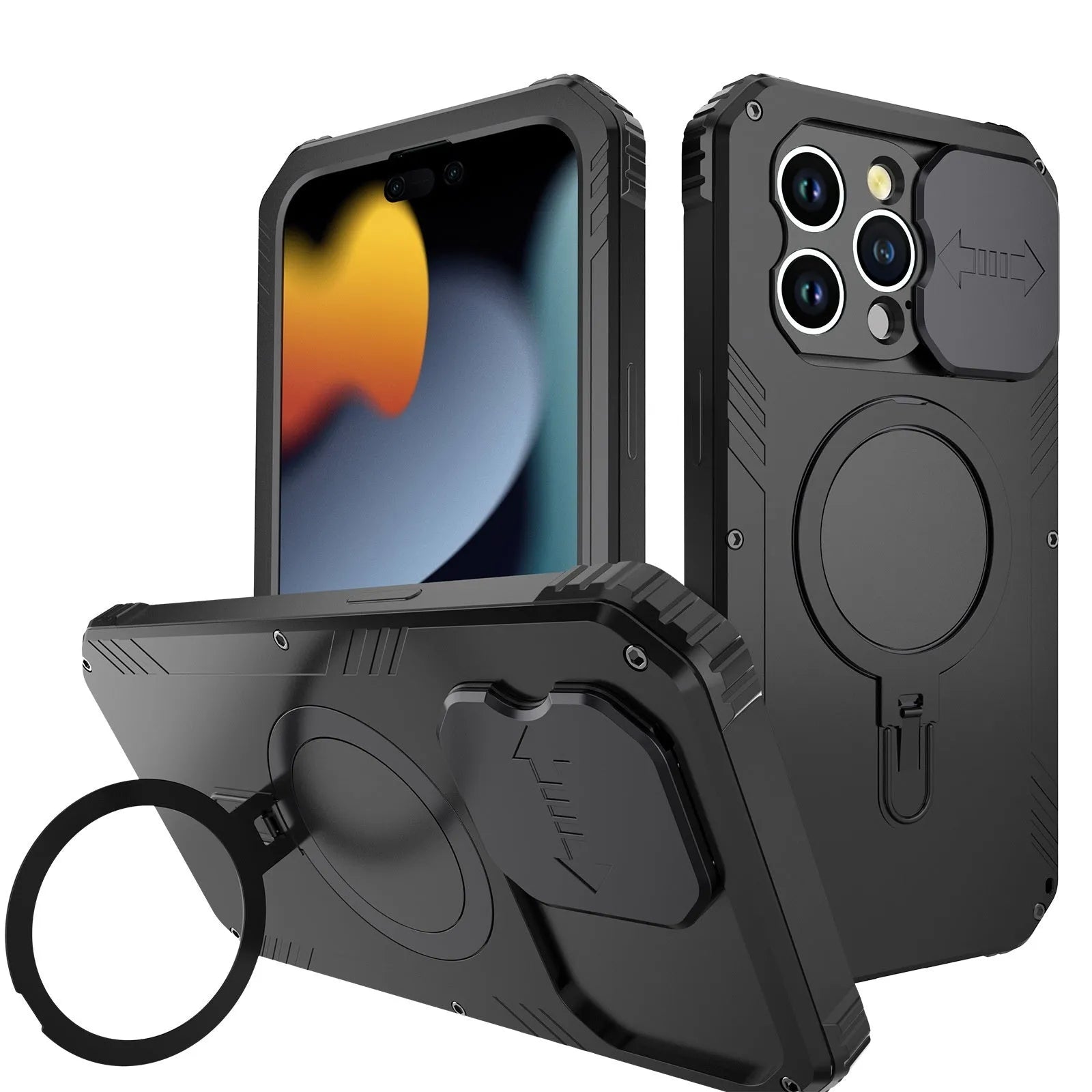 Desktop metal bracket phone case for IPhone15 with built-in stand, magnetic suction, in black aluminium alloy and silicone