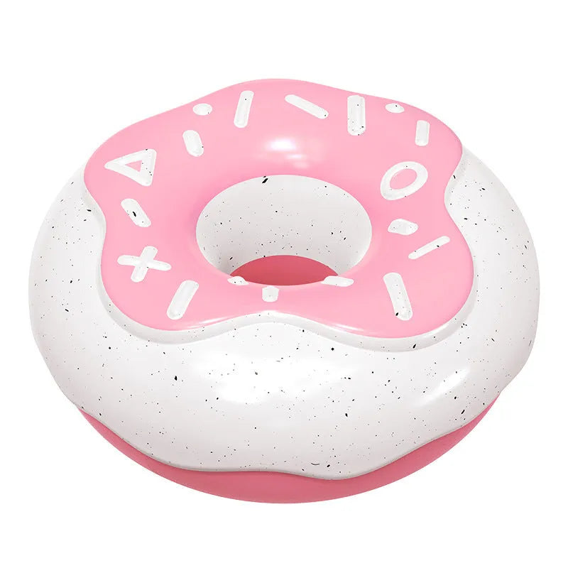 Pink, yellow, and chocolate coloured TPR donut dog chew toy with squeaker for teeth cleaning.