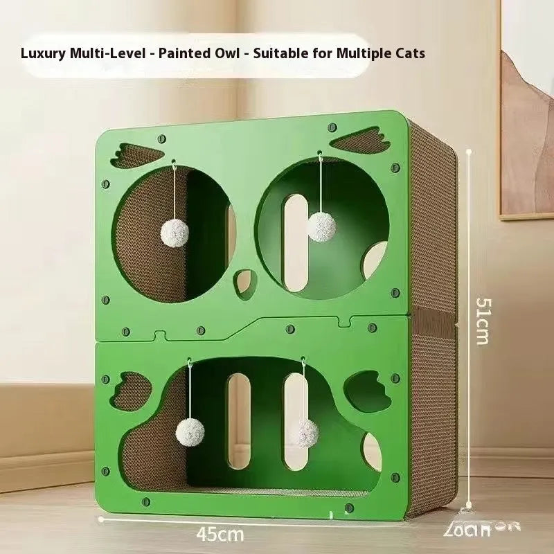 Double layer cat scratching board and nest in choice of owl, cat head, or double door style designs