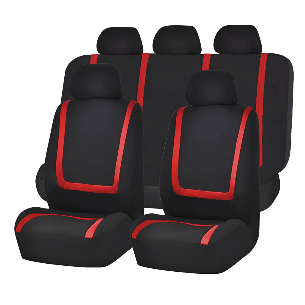 Fully enclosed universal fabric car seat cover set shown in a beige and black colour combination.