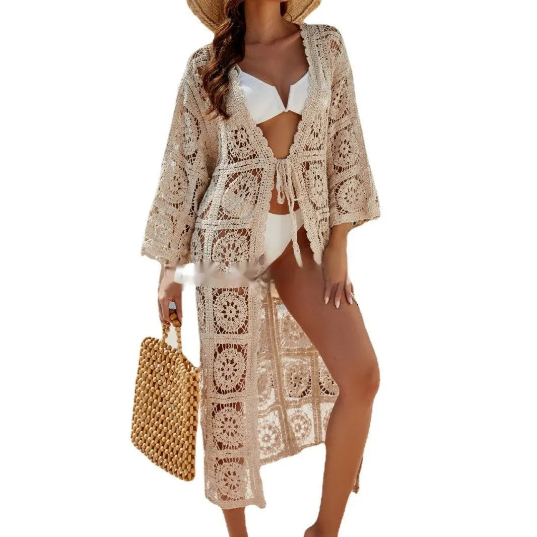 Apricot coloured long sleeved cotton beach shirt with embroidery, worn as a bikini cover-up.