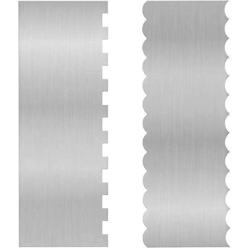 Stainless steel cake decorating scraper with multiple polygon-pattern heads for textured finishes.