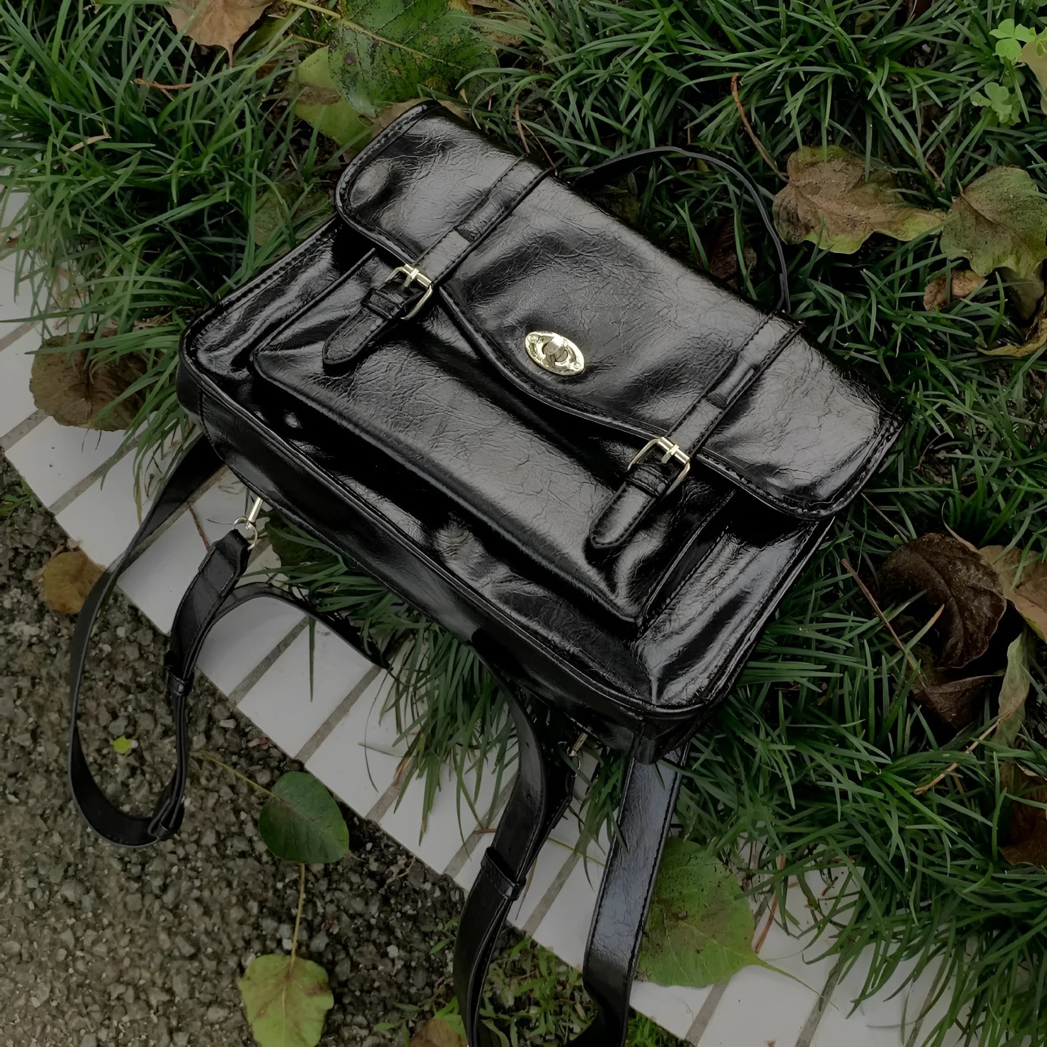 Black oil wax PU leather college messenger bag with dimensions 35cm length by 20cm height