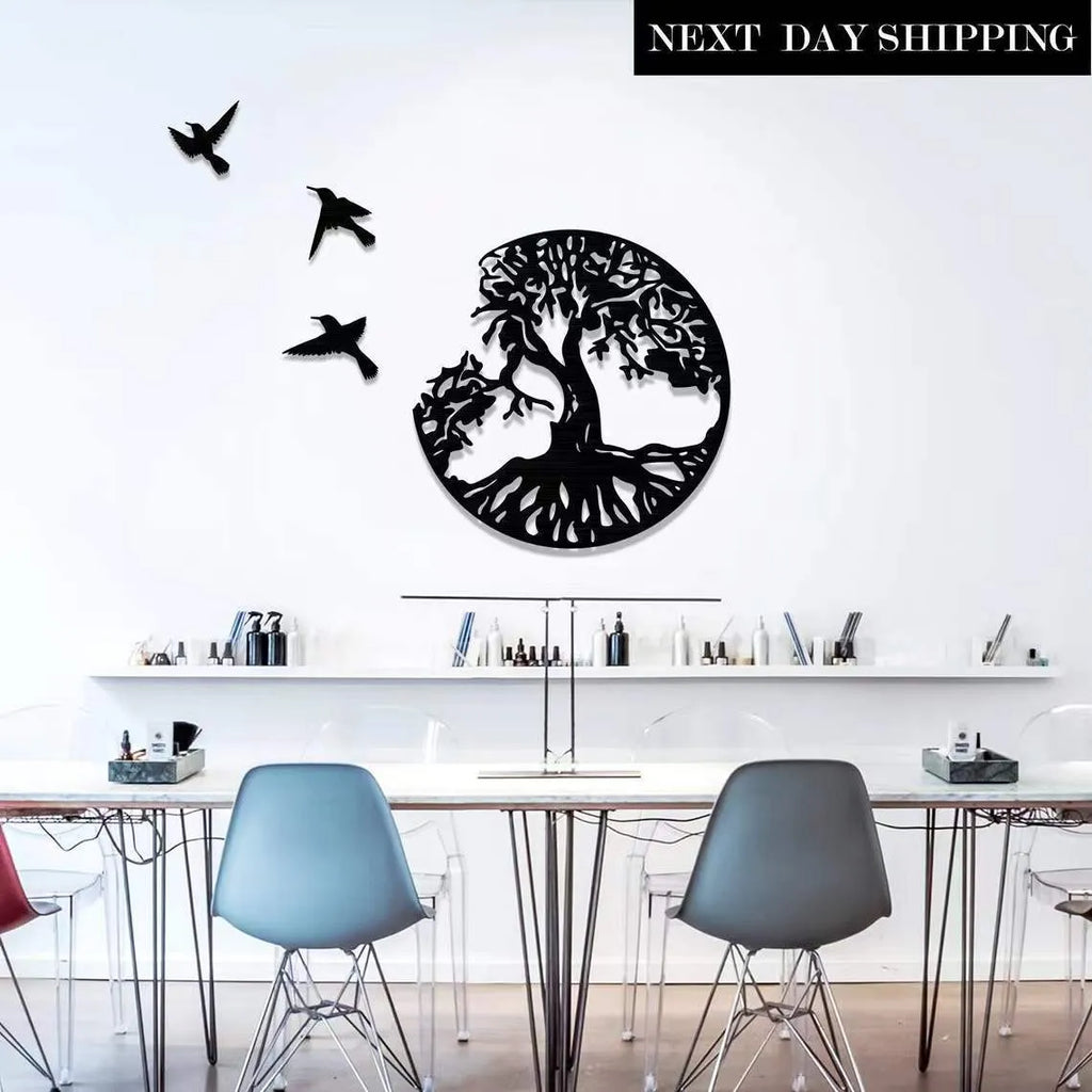 Black iron wind chime wall hanging with a modern simple design, shown as a decorative ornament.
