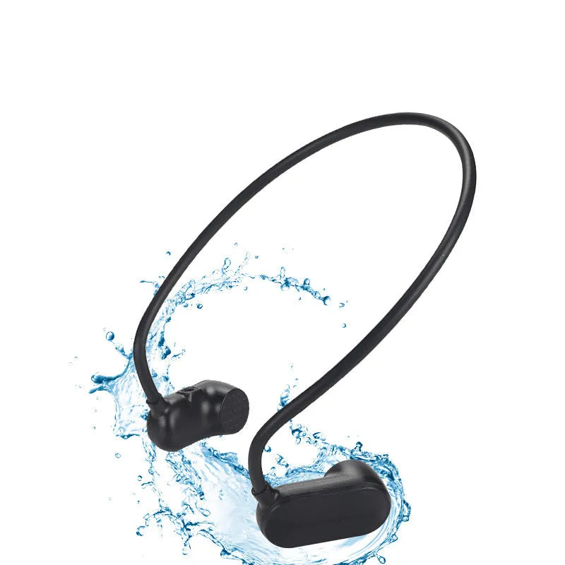 Waterproof MP3 swimming earphones with earplugs, USB 2.0 cable, 8-hour battery, 20 x 20 cm, 130 g