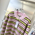 Pink wool knitted cardigan sweater with contrast colour elements and regular sleeves