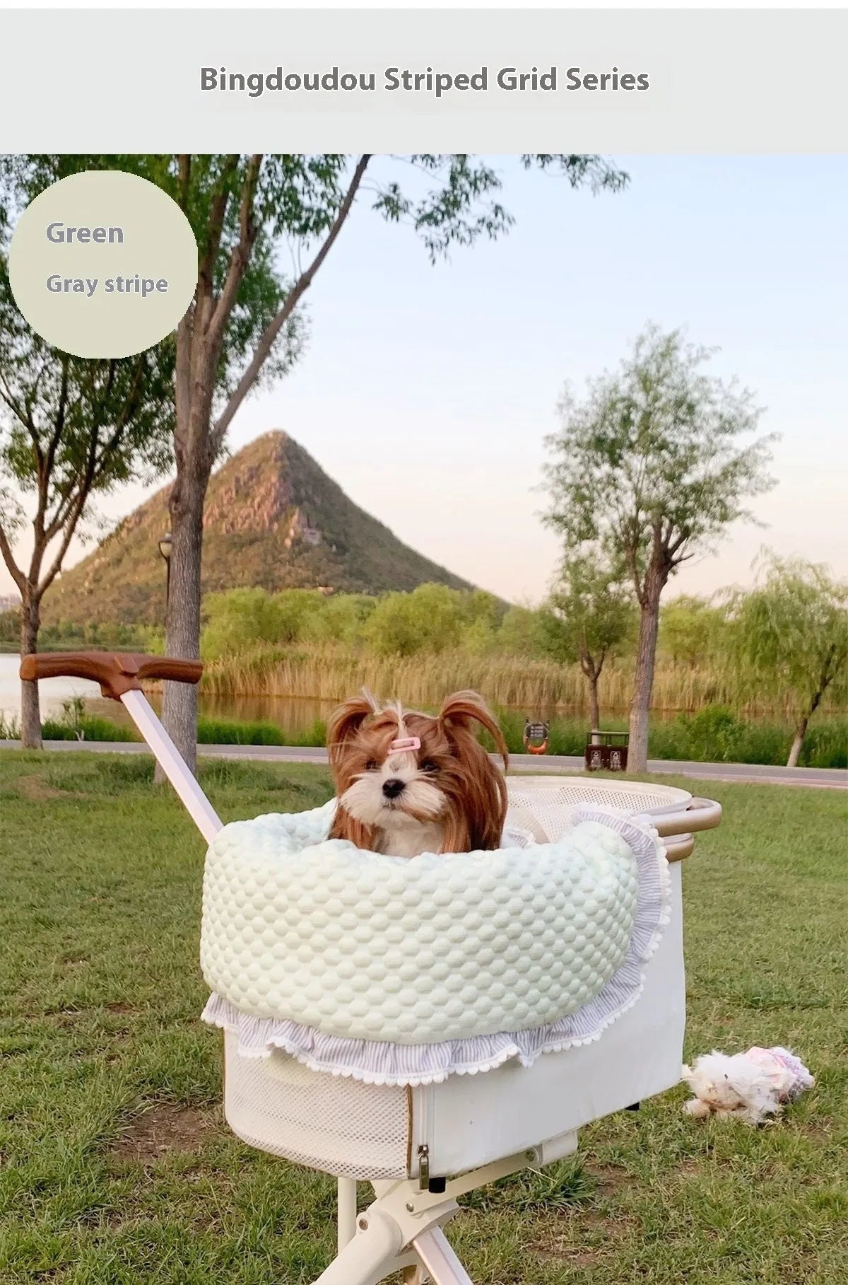 Pet stroller three-piece accessory set showing anti-dirty towel, cushion, and pillow in cotton cloth with floral pattern