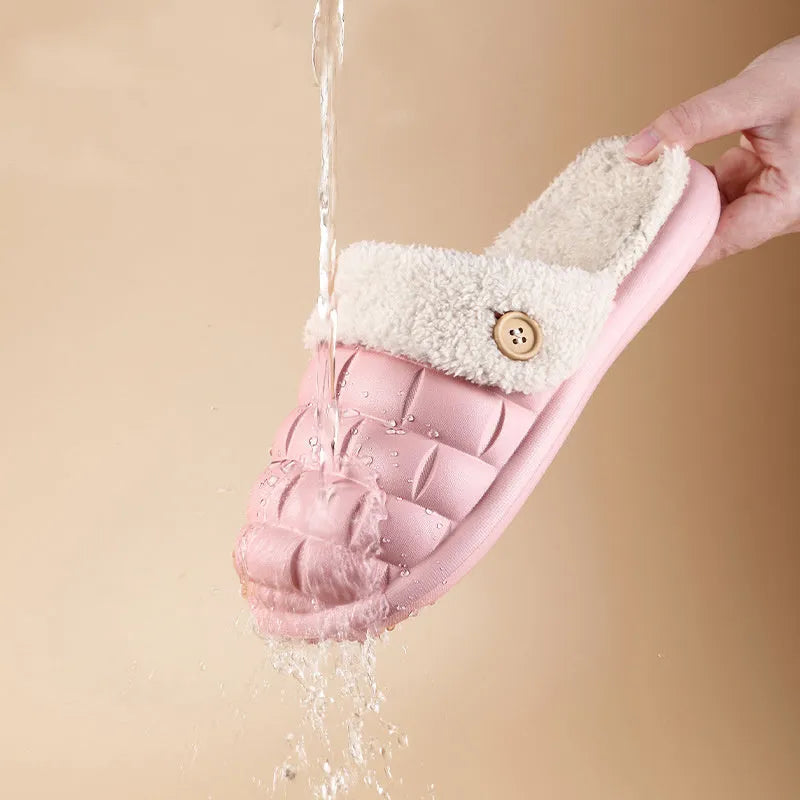 Pink and green detachable EVA slippers with plush lining and a textured sole.