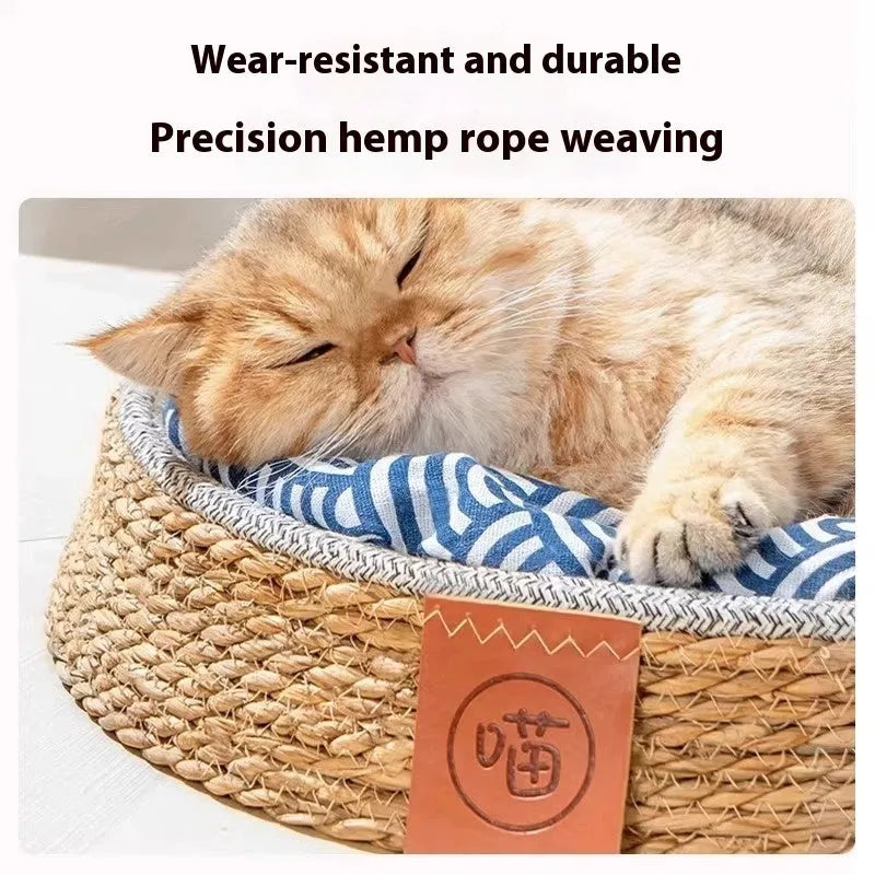 A woven rattan cat nest or pet bed shown in one of the four available sizes.