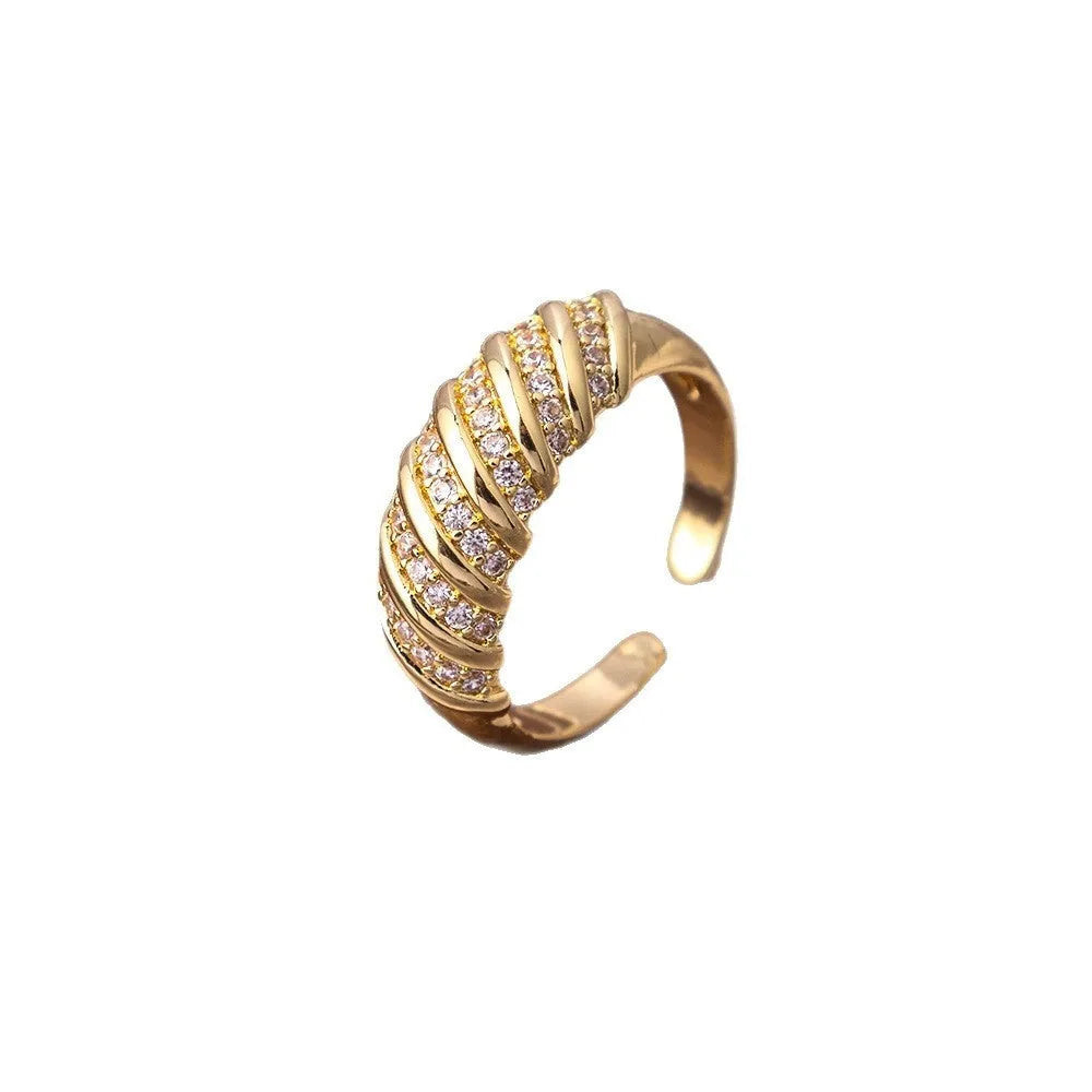 Open mouth adjustable copper ring with zircon ornament in electroplated gold colour