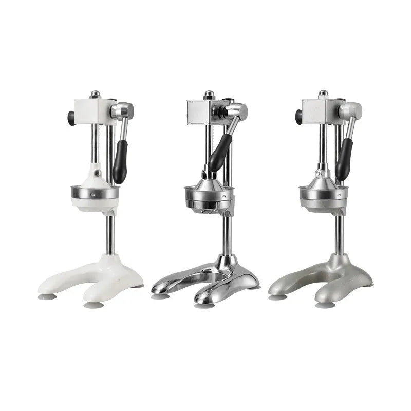 Vertical stainless steel manual citrus juicer with choice of pointed, flat, or double head in various colours.