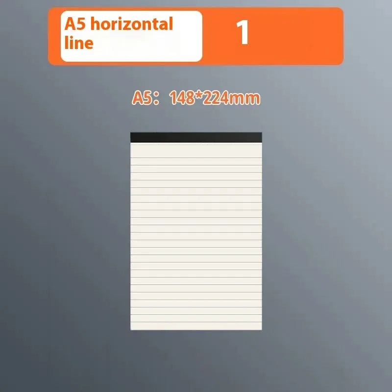 Set of A4, A5, and B5 writing pads showing blank, grid, and lined page options.
