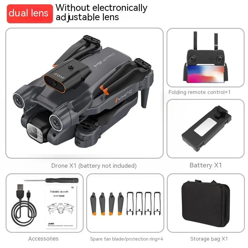 Black and orange remote control quadcopter drone with four rotors, shown folded and unfolded.